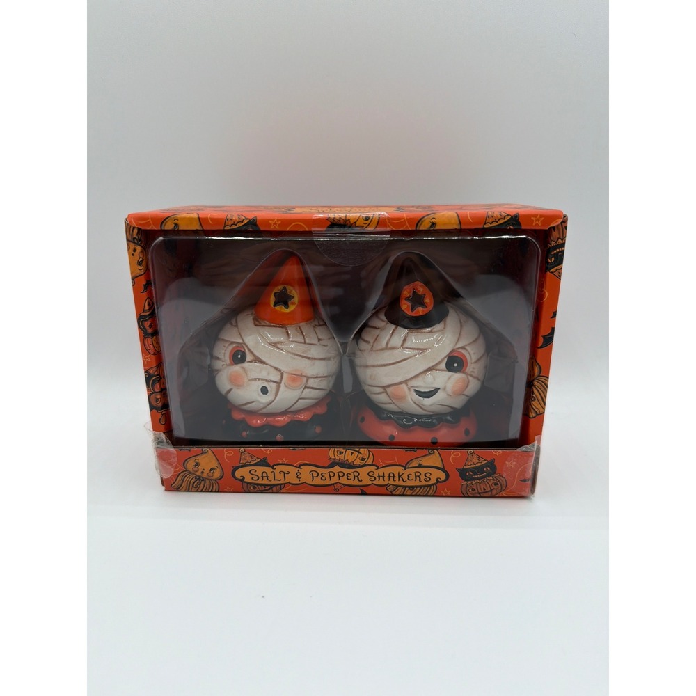 Johanna Parker Halloween Mummy Salt & Pepper Shakers Orange Black Boxed Set